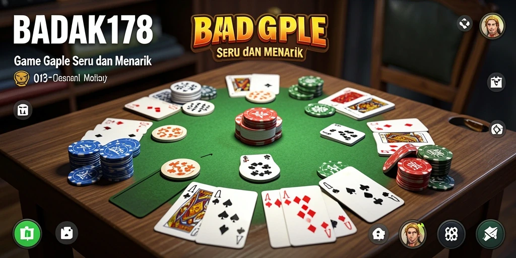 Screenshot utama BADAK178 menampilkan gameplay Gaple yang seru dan interaktif.