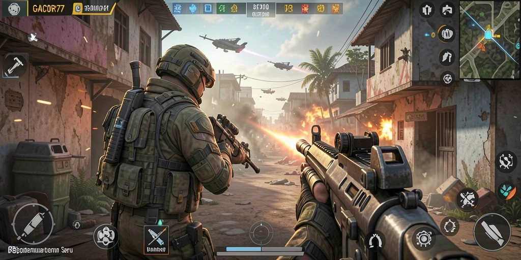 Screenshot GACOR77 menampilkan aksi tembak-menembak yang intens dalam game FPS.