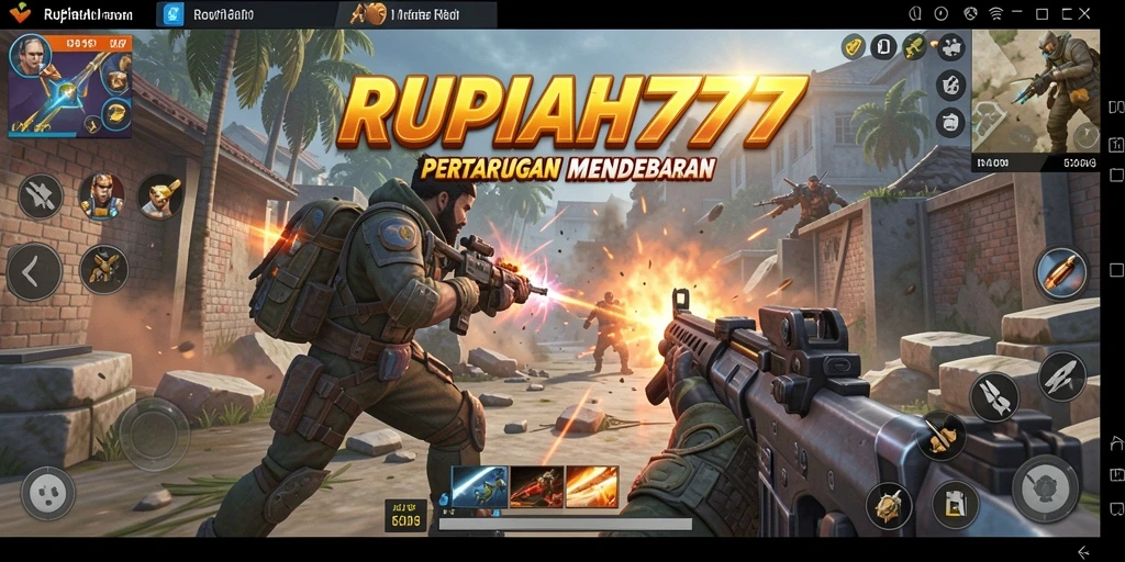 Screenshot menunjukkan aksi intens dalam gameplay FPS RUPIAH777.